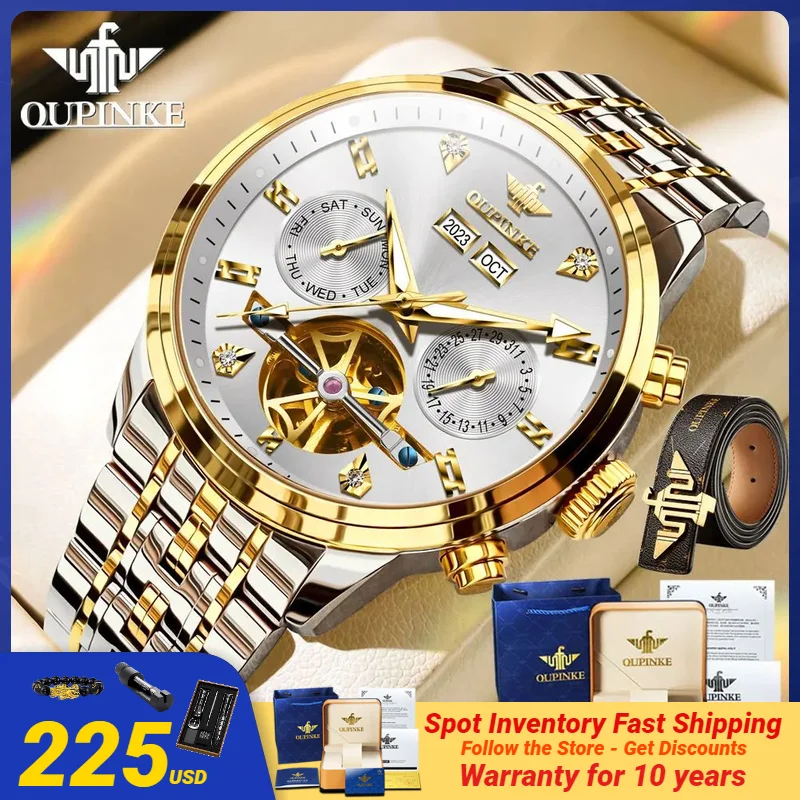 OUPINKE 3248 Original Genuine Mechanical Watch for Men Date Week Moon Phase Waterproof Automatic Man Wristwatches