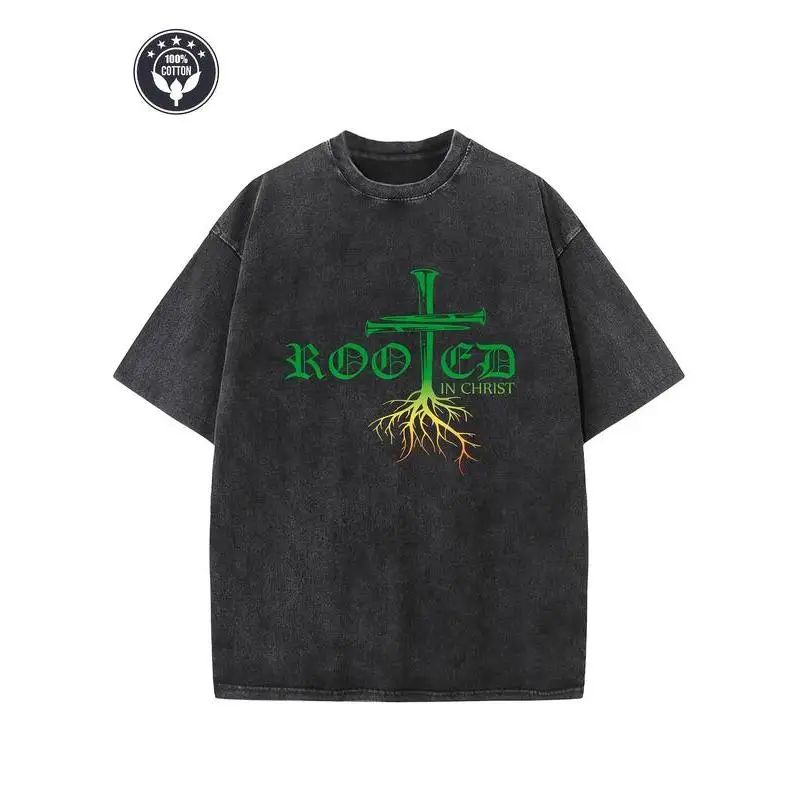 

Vintage Cotton "Rooted In Christ" T-Shirt Oversized Christian Religious Slogan Tee Jesus Faith Bible Verse Top