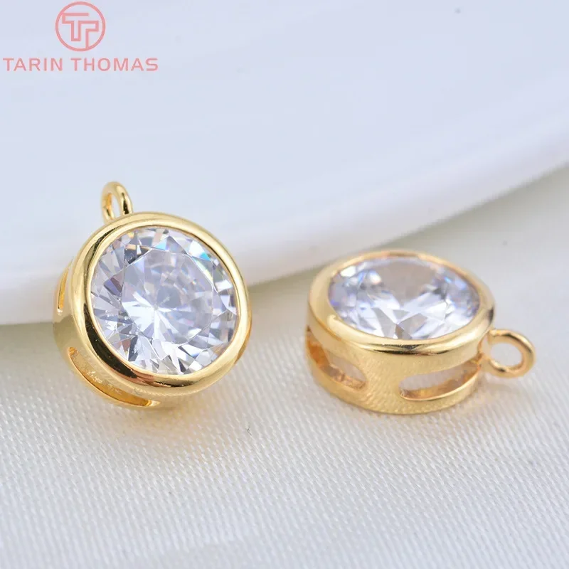 (699)6PCS 5MM 6MM 7.3MM 24K Gold Color Plated Brass with Zircon Round Charms Pendants High Quality DIY Jewelry Making Findings