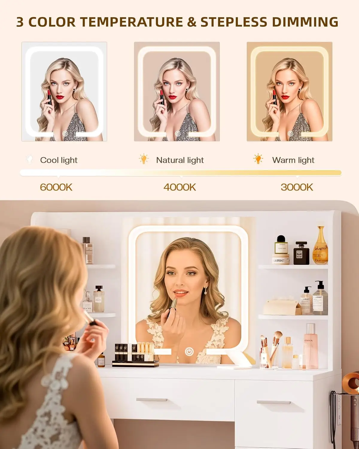 مكتب زينة مكياج أبيض كبير، 43.3 بوصة عرض × 15.7 بوصة عمق × 53.2 بوصة ارتفاع، مرآة LED، 4 أرفف، 7 أدراج، رف مجفف شعر، مخرج طاقة #3