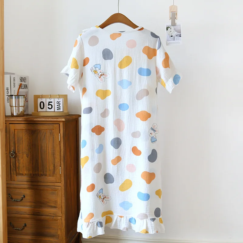 Summer Women's Cartoon Nightwear Crepe Round Neck Ruffle Edge Pajamas Rabbit Print Multi-color Dots Nightgown 23 New Nightdress