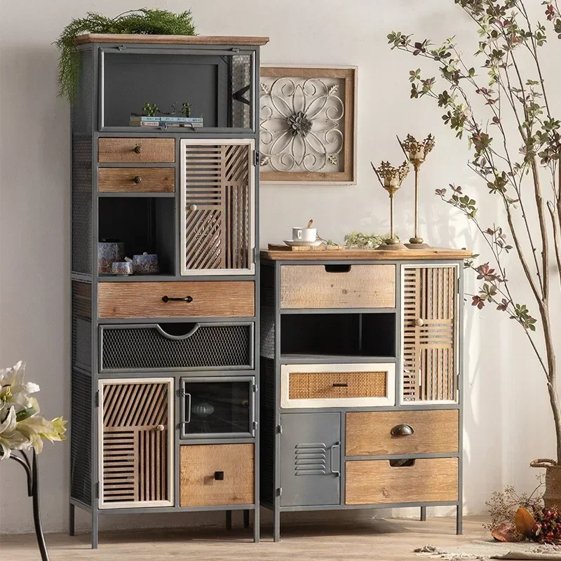 AAAmerican Retro Distressed Iron Chest Of Drawers Industrial Style Solid Wood Storage Cabinet Decorative Hand-Made Display Cabin