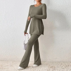 Autumn Winter Women Knit Two Piece Sets Solid Color Sexy Slit Casual Slim Suit Long Sleeve O-neck Tops+Pants Fashion Streetwear