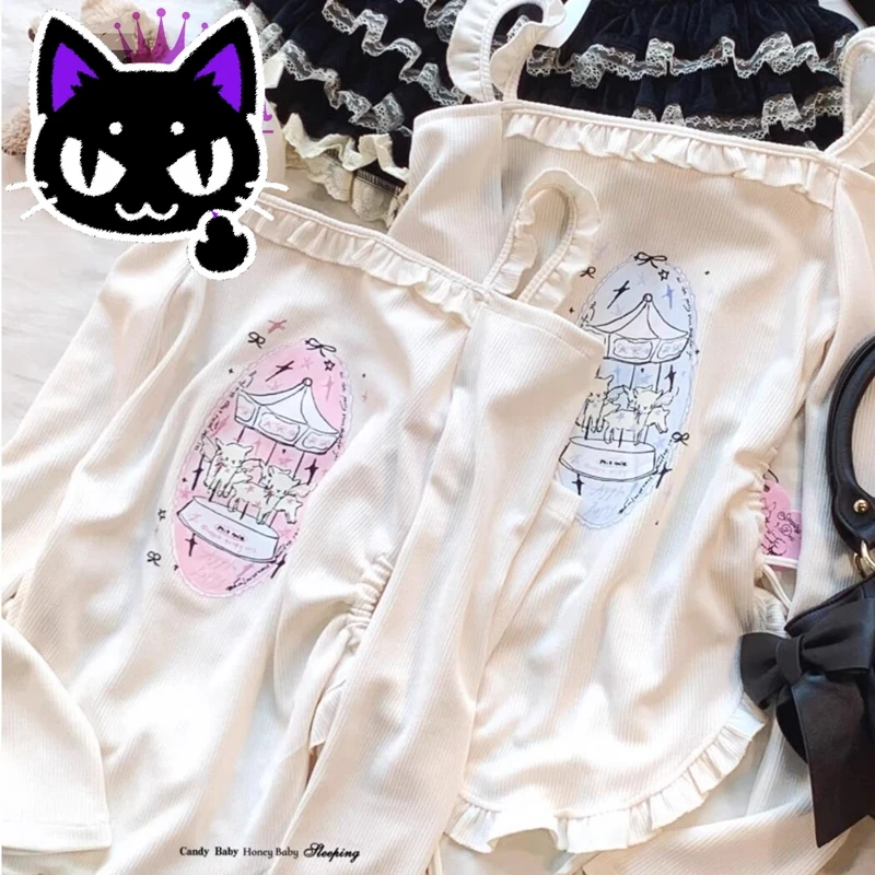2025 misa hot sale Harajuku Cute Print Off Shoulder Crop Tops Women Japanese Y2k Long Sleeve Lace-up Drawstring Ruffles Kawaii T