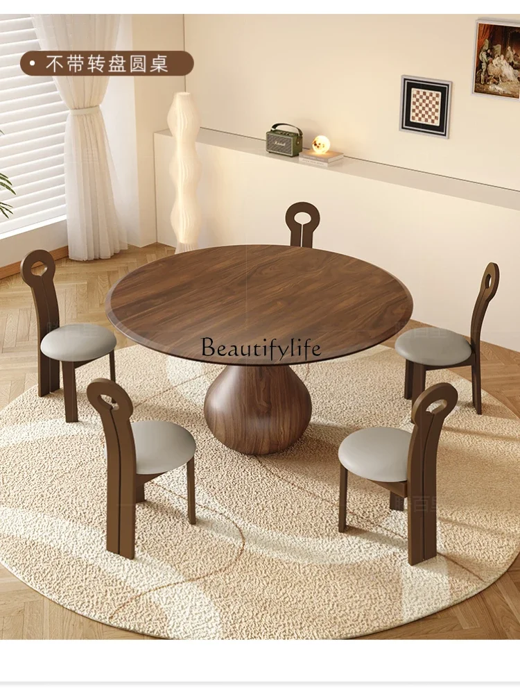 Solid wood dining table round retro style Nordic simple with turntable household dining table