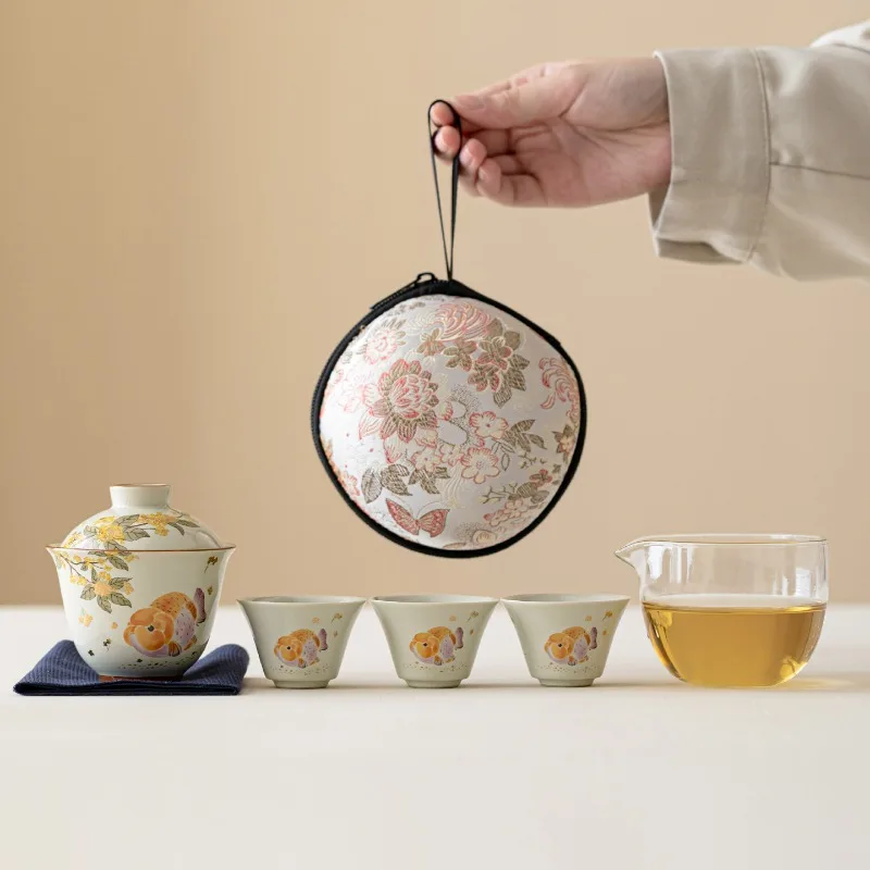 Grass and Ash Travel Tea Set Ceramic Outdoor Portable Quick Customer Cup Golden Guifu Carp Portable Tea Bowl