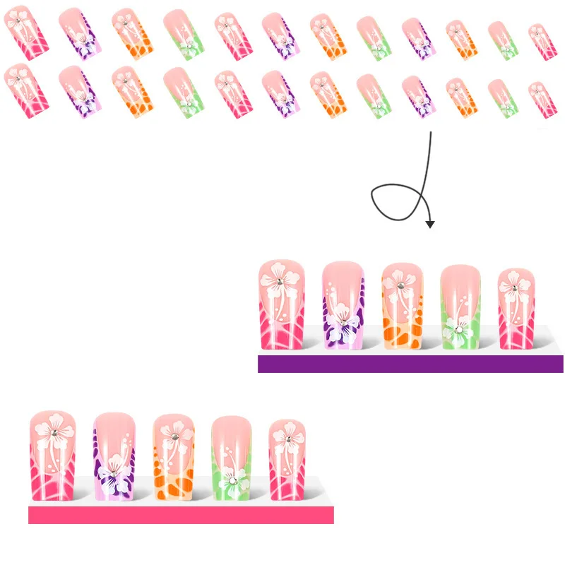 Imprensa em unhas extra longas quadradas unhas falsas brilhantes unhas acrílicas squoval unhas artificiais bonito flor vara em unhas falsas conjunto