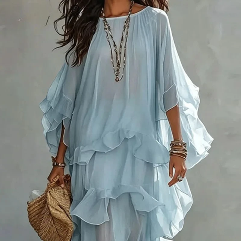 Women Round Neck Flared Batwing Sleeve Loose Fit Bohemian Summer Beach Holiday Flowy DressElegant Multi-Layer Ruffle Maxi Dress