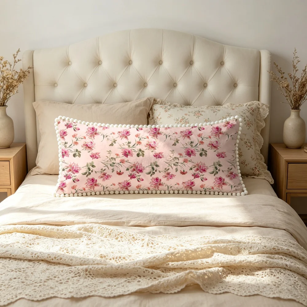 1PC Pink Background with Pink Large Roses and Green Leaves, Sweet Romantic Monochrome Floral Long Pillow Cover with Pom Pom Tr