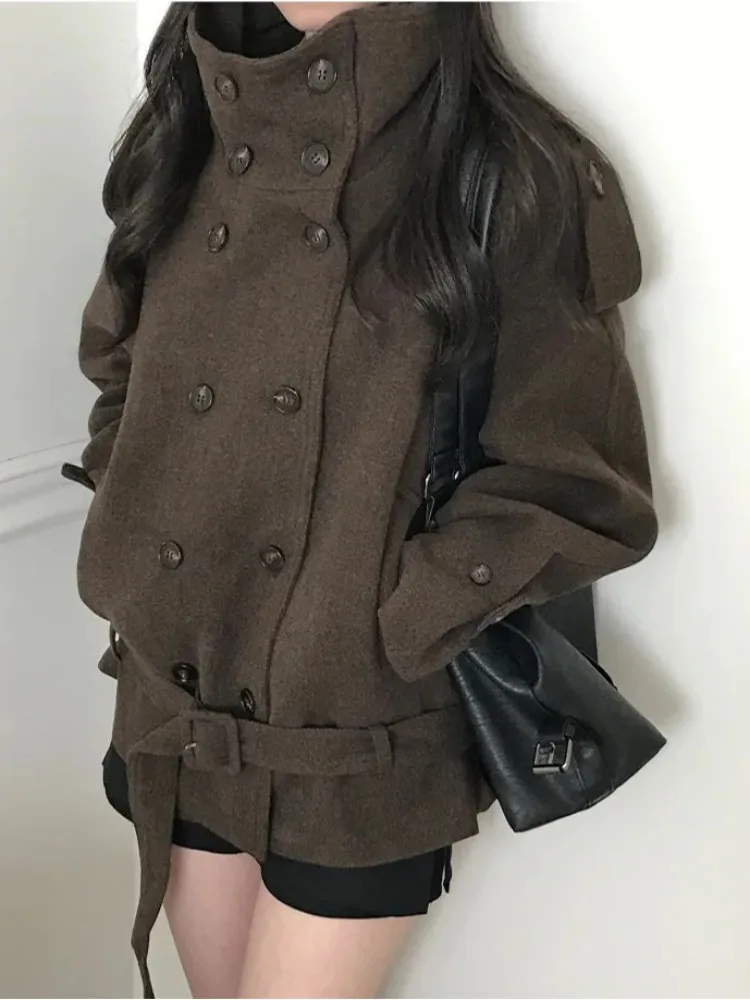 Retro Stand Collar Double Buttoned Waist Cinched Woolen Coat Women's Winter Fashionable Outerwear Korean Style Sweater
