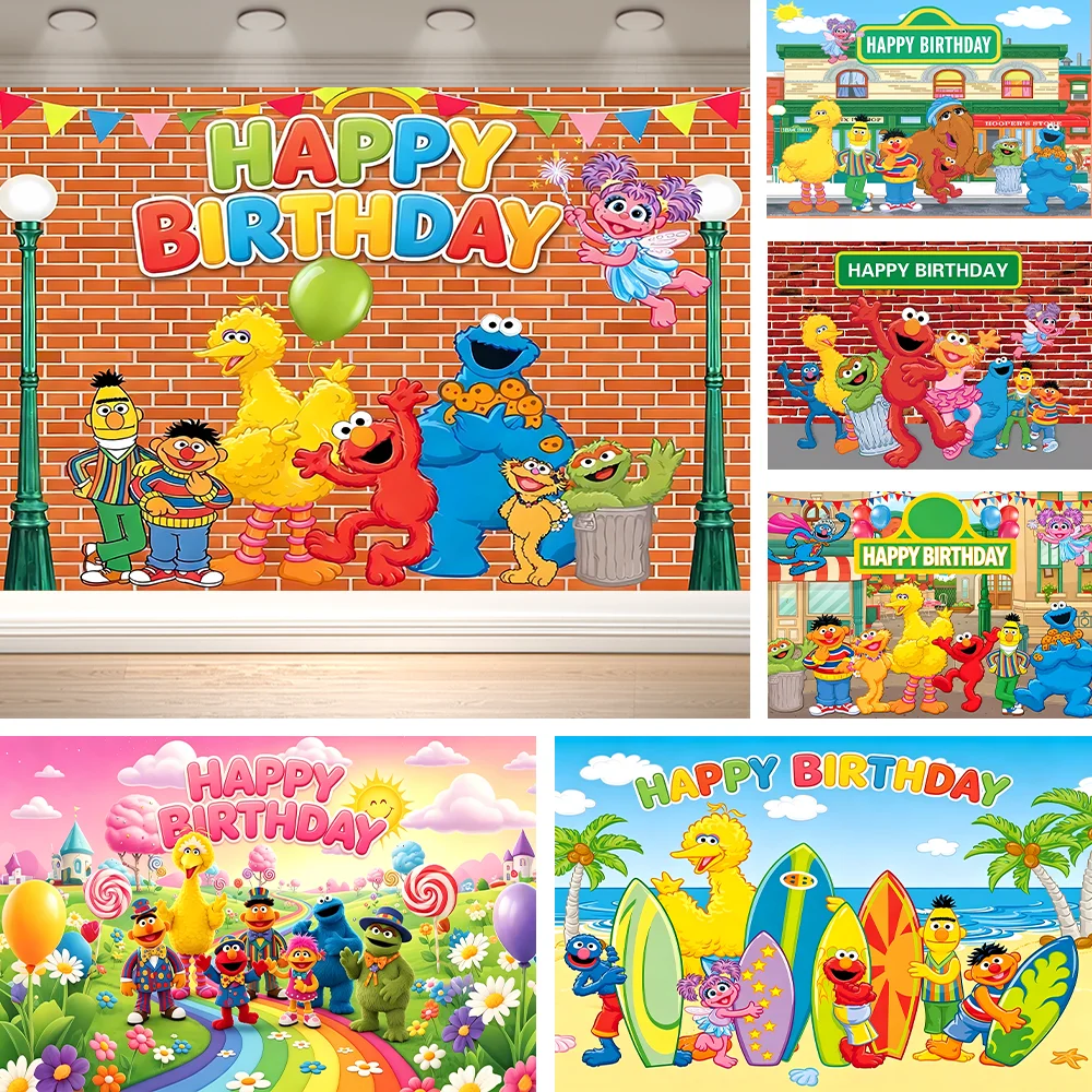 Dewprint Summer Beach Garden Sesame -Street Birthday Backdrop Cartoon Big Bird Kid Birthday Party Banner Decoration Supplies