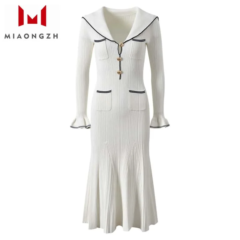 

High Quality New Slimming Knitting Elegant Dresses For Women Navy Collar Long Sleeve Spring Fashion Ladies Holiday Party Dresses