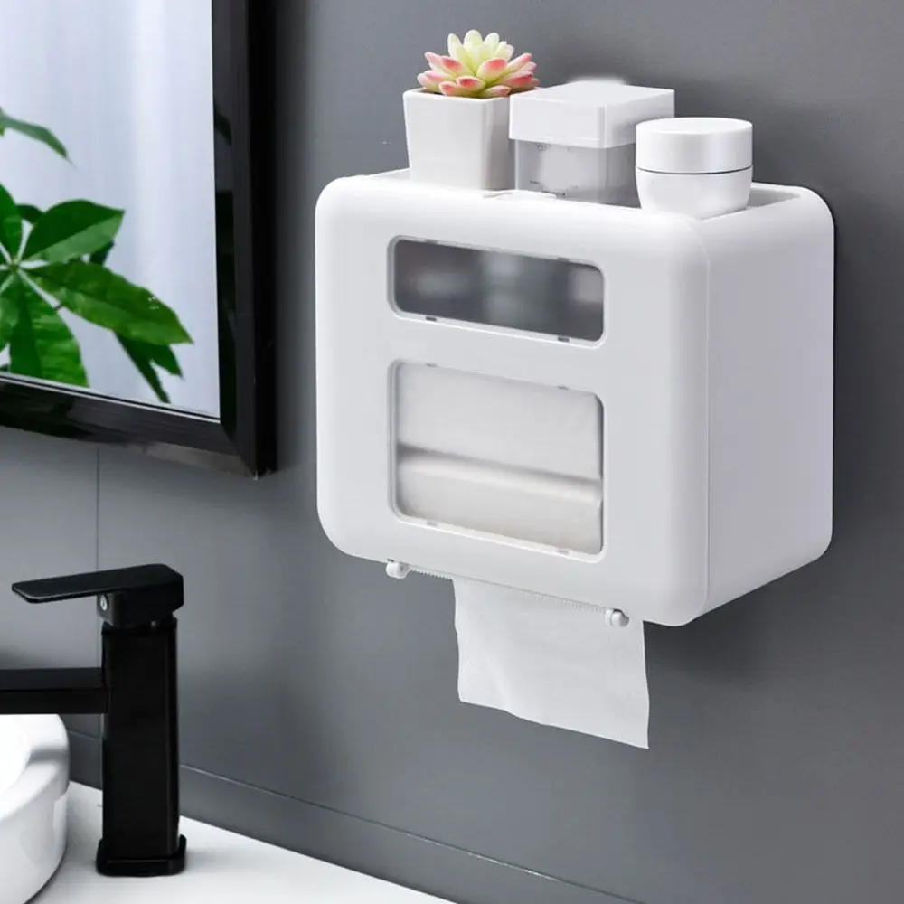 

Punch Free Bathroom Tissue Box Large Capacity Waterproof Paper Towel Holder Wall Mounted Plastic Sundries Storage Box for Home