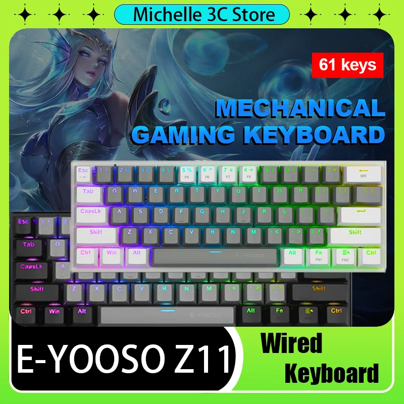 

Игровая механическая мини-клавиатура E-YOOSO Z11 USB 60%, синяя, красная, 61 клавиша, проводной съемный кабель, портативная, для путешествий, компьютера