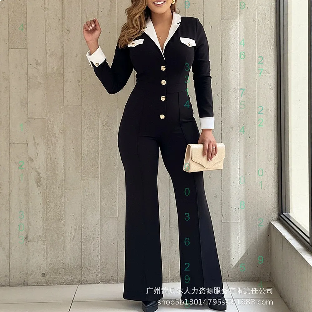 Black White Contrast Lapel Pocket Long Sleeve Slim Fit Jumpsuit Overalls Playsuit