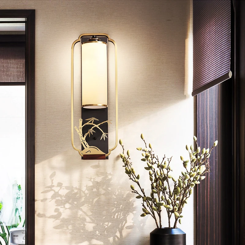 

Solid wood new Chinese all-copper wall lamp Zen creative living room background wall staircase aisle bedside lamp modern wall la