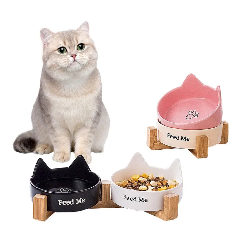 

Pet Ceramic Bowl Cat Bowl Tableware Set Dog Feeding and Drinking Dish Cat Ear Shape with Wooden Frame Relieve Cervical Vertebrae