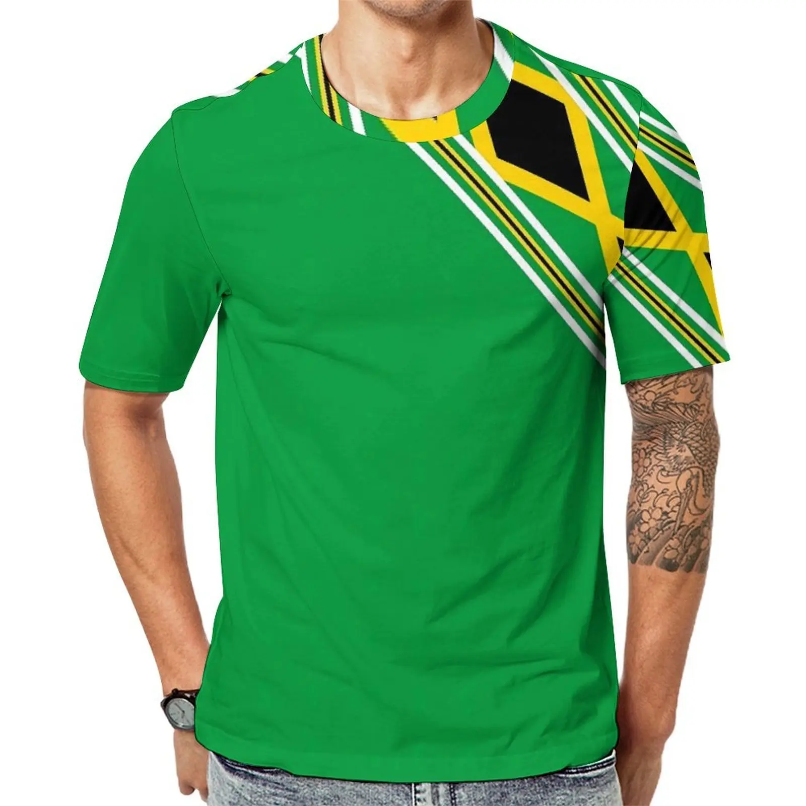 Oversize T Shirt Summer Jamaica Flag T-Shirts Green And Yellow Kawaii O-Neck Tee Shirt Men Hip Hop Printed Tees