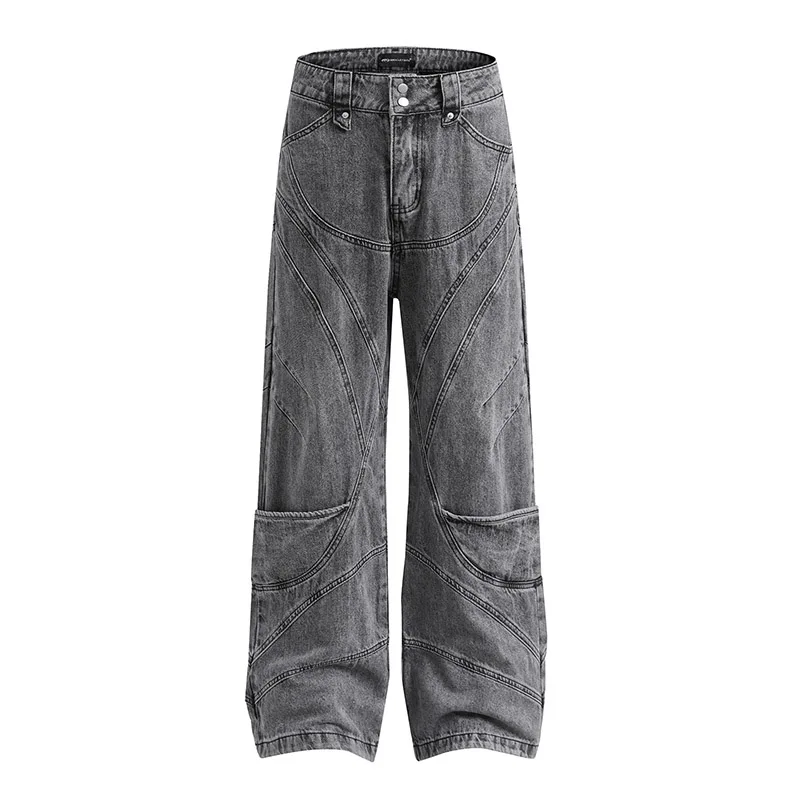 

Hi Street Vintage Patchwork Jeans Pants Streetwear Washed Straight Denim Trousers For Male