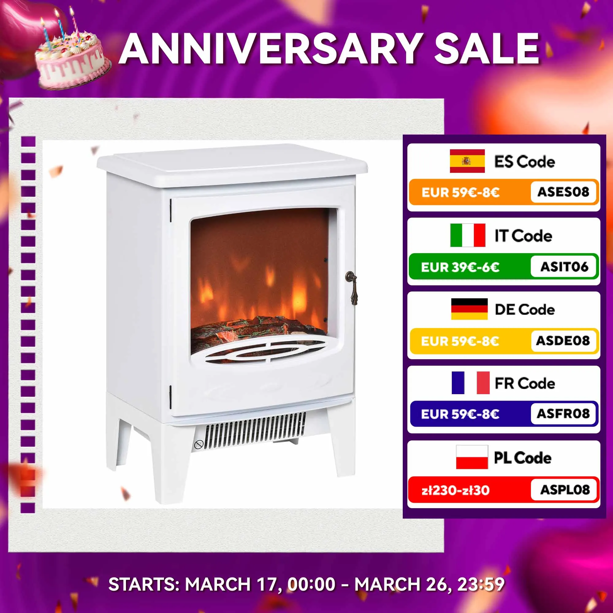 Camino elettrico HOMCOM 900/1800W fiamma simulata e termostato 39x26x54,8 cm