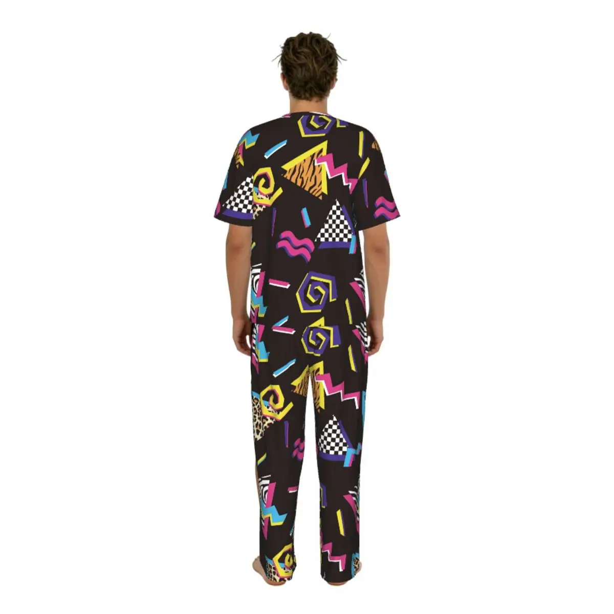 Men Pajamas Suit Short Sleeved Long Pants Abstract Shapes And Animal Prints 90'S Style Sleepwear Summer Home Clothing Set view 4