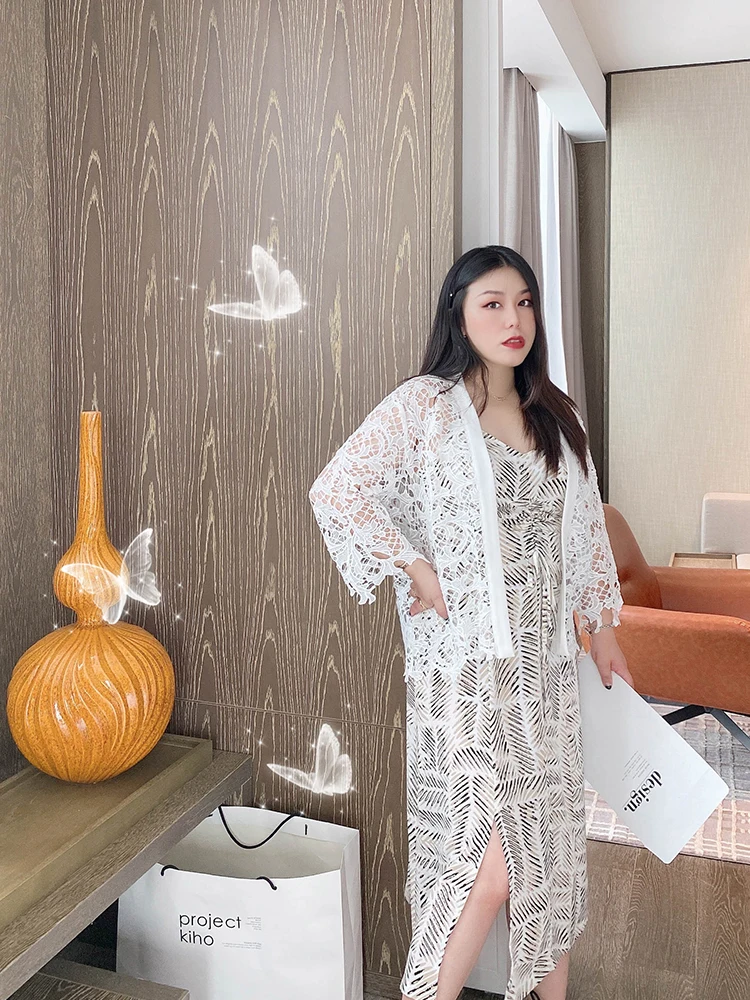 

Cannes Large Size 3D Floral Water Soluble Lace Open Cardigan Hollow out Women's Flavour ort Outerwear Korean Sle Commute