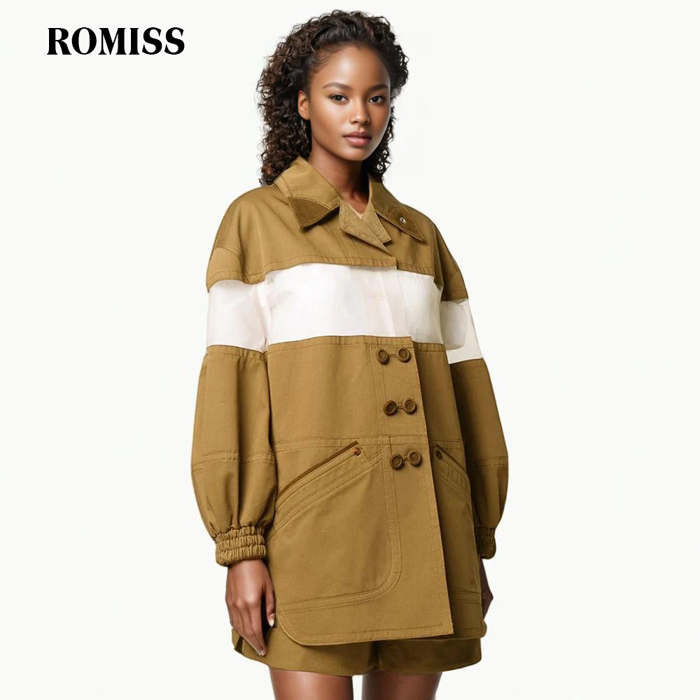 ROMISS Hit Color Patchwork Sheer Mesh Casual Jackets For Women Lapel Long Sleeve Spliced Double Breasted Fashion Jacket Female