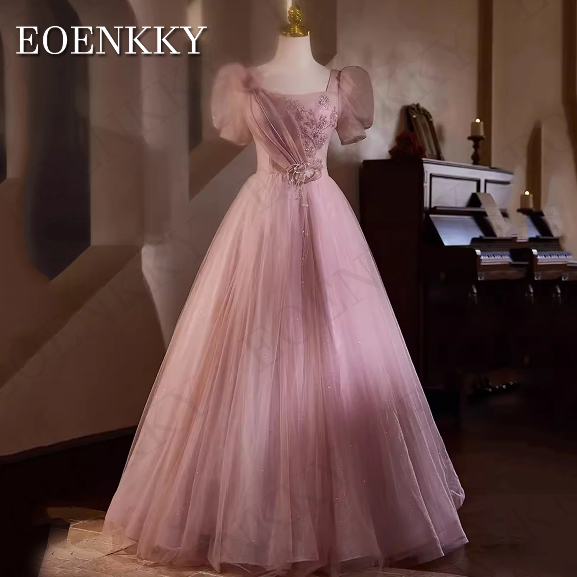 

Shiny Princess Prom Dress Pink Puff Sleeve A Line Beading Tulle Sparkly Graduation Dresses Square Neck Women robes de soirée