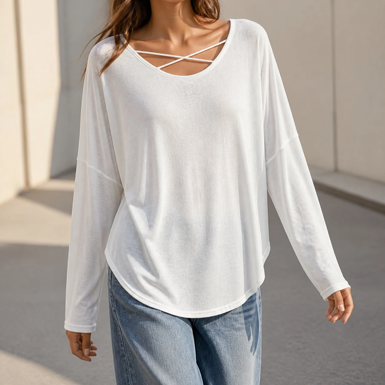 Women's Loose Fit Round Neck Solid Color Sheer Blouse with Back Cut Out Hip Length Wrinkle Resistant T-shirt Woman Shirt