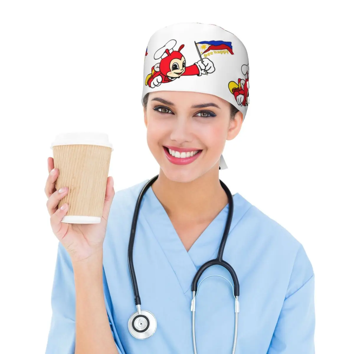 JOLLIBEE BEE HAPPY PHILIPPINE FLAG STICKER Scrub Hat Doctor Working Surgical Cap Men Women Adjustable Nursing Caps for Dentist