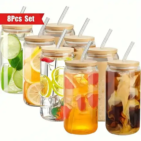 Glass Cups With Bamboo Lids And Straws Modern Sleek Drinking Glasses 8 PCS 18.7 oz Can Shaped Glass Tumbler Set Bent Glass Straws Cleaning Brush For Iced Coffee Boba Tea Soda Water Party Kitchen Supplies Housewarming Gift