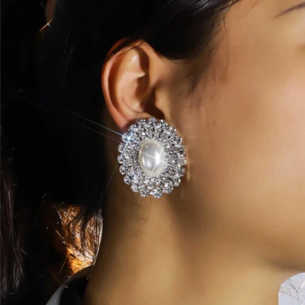 مشبك أذن مستدير من اللؤلؤ للنساء ، غير ثاقب ، مشابك أقراط من حجر الراين ، أنيقة ، تضمين ، بيان زفاف ، مجوهرات #3