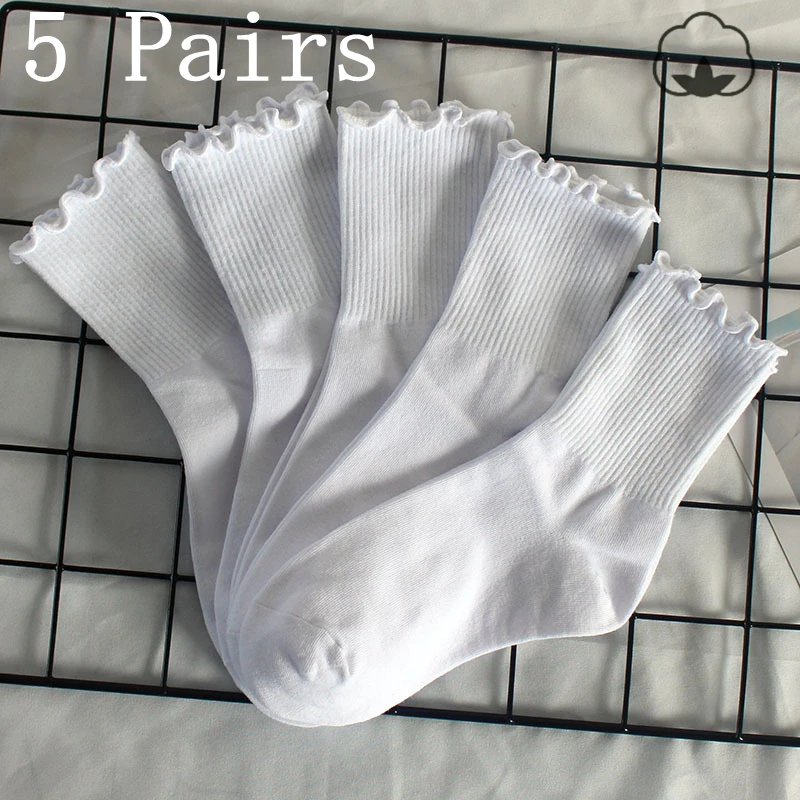 

5 Pairs Women's Autumn Winter Socks Mid Tube Cute Pleated Ankle Cotton Solid Color Black Wooden Ear Lace Thick White Ins Sock
