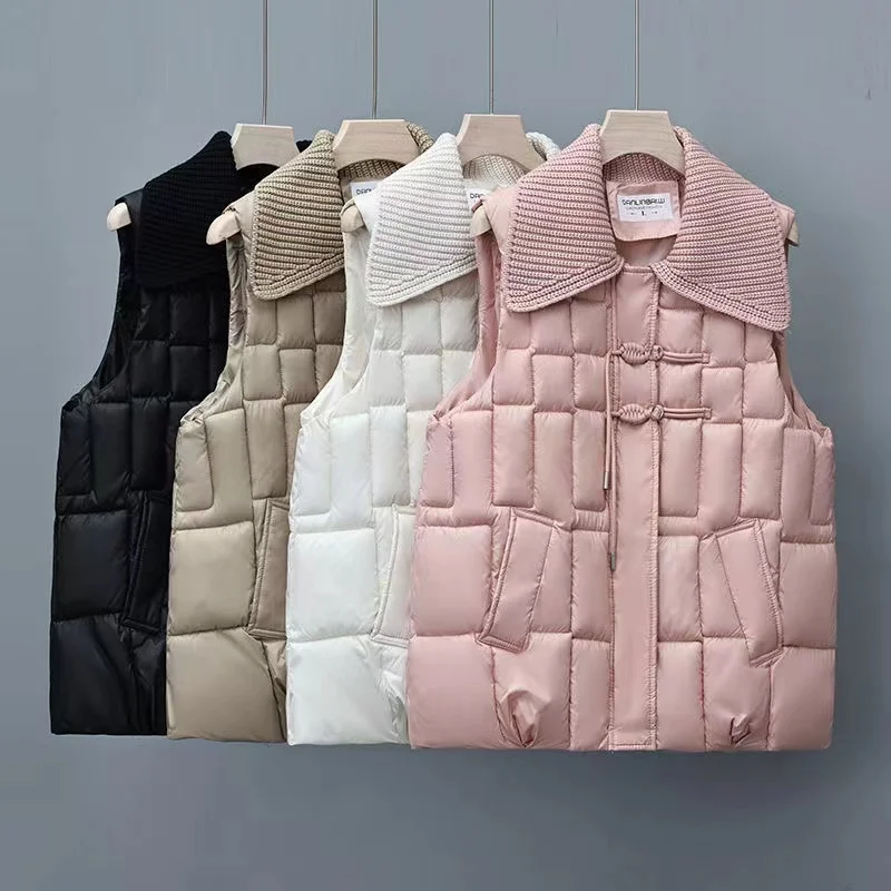 

Waistcoats Women Knitted neck Vests Casual Lightweight Cotton Added Sleeveless Cardigans Korean Style Quilted Coats Women Tops