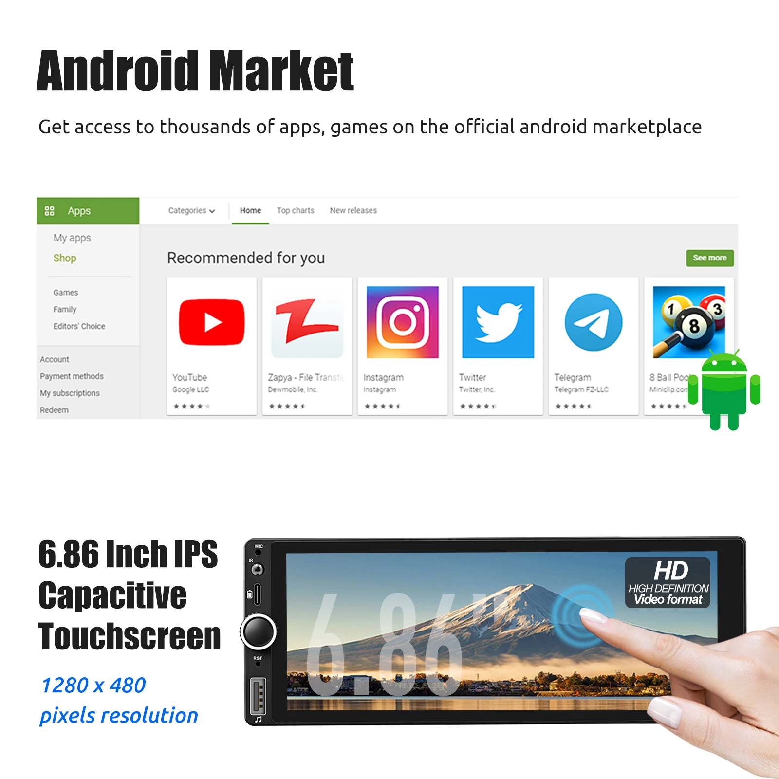 ESSGOO 6.86 بوصة 1Din Carplay Android Auto Android 14 راديو السيارة الوسائط المتعددة فيديو 4GB MP5 Player 1 Din IPS مع بلوتوث ستيريو #2
