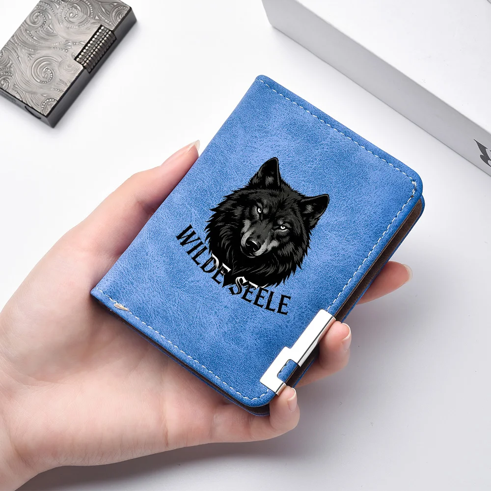 Fashionable High-quality Men's Wallet with Black Wolf King Pattern, Double-layer Folding Design, Portable Men's Wallet