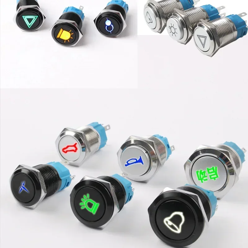 Logo Symbol Custom Pattern Car DIY Waterproof Led Light Momentary Push Button Switch Latching 16/19/22 mm Self Reset Icon Signal