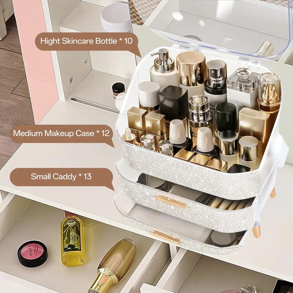 Egg Shape(Oval) Makeup Storage Box, Countertop Portable Vanity Cosmetics Organizer Preppy Style (Rhinestone)