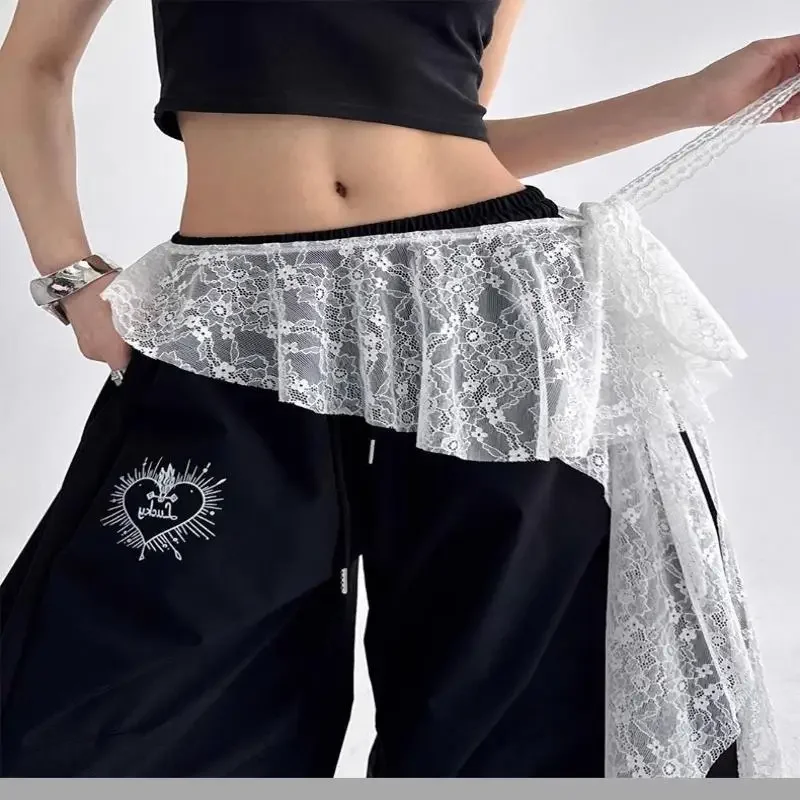 

Jeans Pants Decor Embroidered Flower Lace Mini Skirt Irregular See Through Ruched Skirts High Waist Harajuku Pleated Skirts