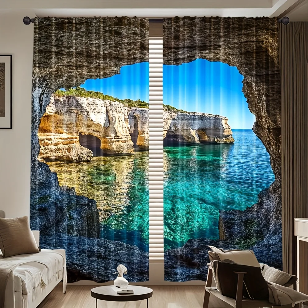 2pcs Sea Cave Curtains Blue Ocean Rock Arch View Print Drape Living Room Window Treatment Tropical Beach Scenery HomeDecorPanels