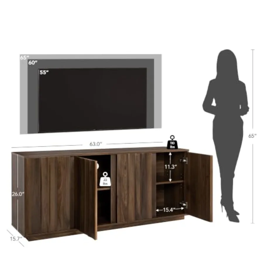 63 Wooden Console Cabinet with 4 Textured Wavy Door Panels for Living Room or Entryway Natural Wood Tone, Space-Saving Design S