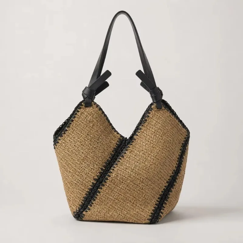 Bolso Tote Hecho a Mano con Diseño de Rayas Diagonales, Bolso de Playa de Paja Tejida para Mujer, Verano