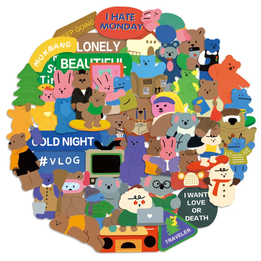 

50 Cute Koala Rabbit Bears Waterproof Stickers for Helmet Bicycle Hand Account Pencil Case Decals Golden Memory Stickers Store