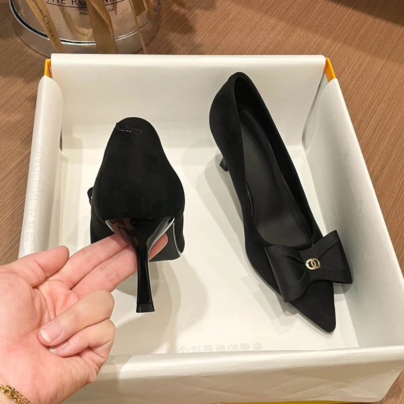 

Black bow high-heeled shoes for women2026New French-style pointed-toe stiletto shoes