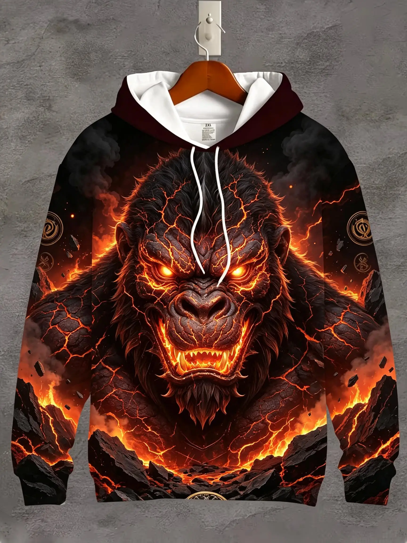 Men's Hoodie thin Autumn Winter Fire Lava Gorilla Angry Face Graphic Loose Drawstring Pocket Sweatshirt Clothes
