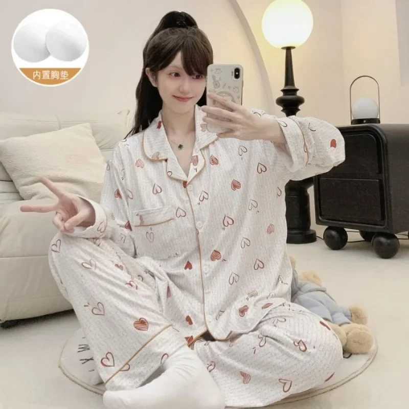 M-5XL Plus Size Women Pajamas Spring Cartoon Cute Sleepwear Long-Sleeved Button Down Top Trousers Loose Homesuit Cozy Loungewear
