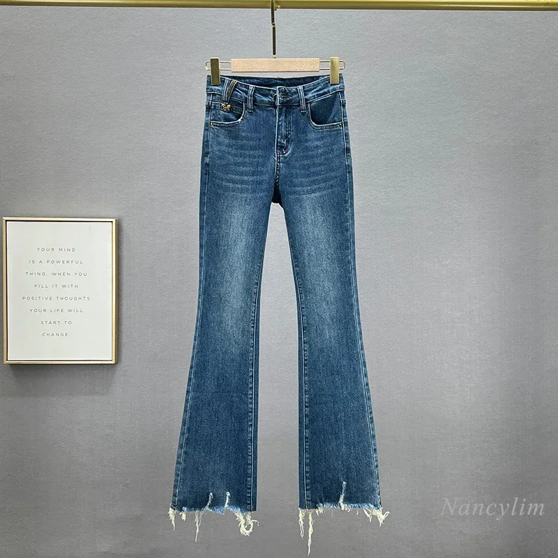 Rough Edge Denim Micro-pull Pants Women's Spring Autumn Skinny Jeans 2024 New Elastic High Waist Slim Blue Trousers