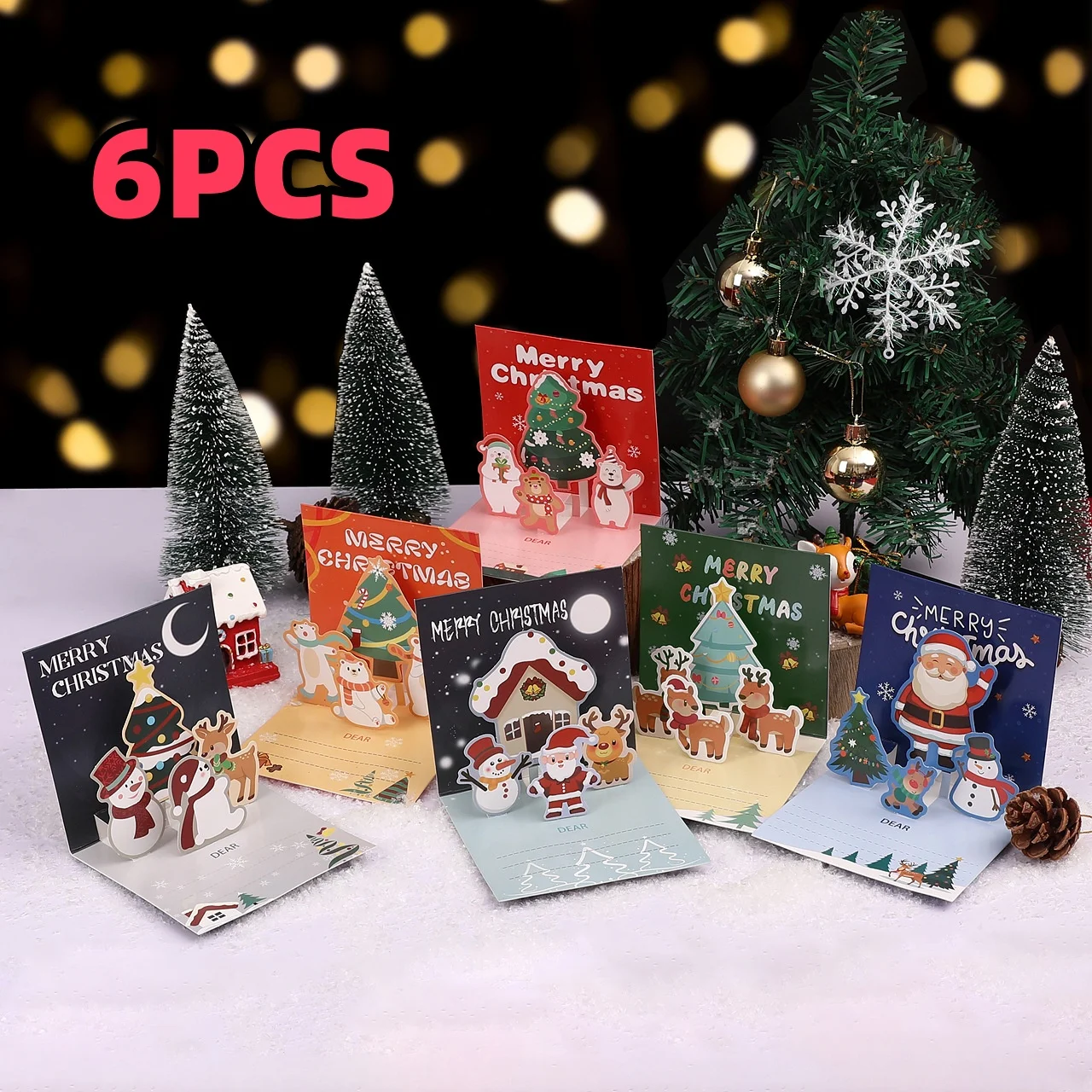 6 Stück 3D-Weihnachtskarten mit zufälligen Mustern und Umschlägen - Weihnachtsszene, Weihnachtsmann, Rentier - Feiertagsgrußkarten für Freunde und Familie, Weihnachtsbotschaftskarten, Geschenke für den Heiligabend, Fir – Detail 1