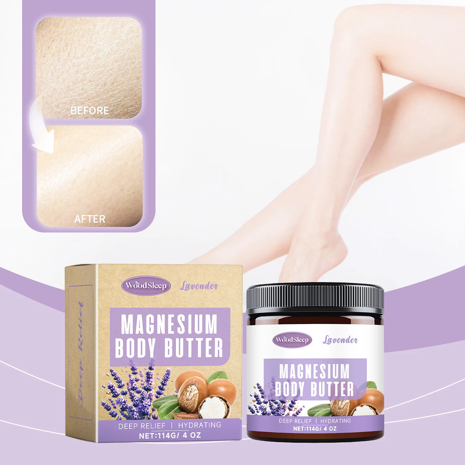 라벤더 마그네슘 바디 버터 - 근육 이완 및 수분 공급을 위한 114g/4oz 딥 릴리프 모이스처라이저 |   자연스러운 수면 보조제