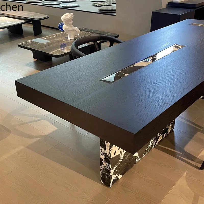 HTT minimalist solid wood tea table simple marble tea table modern Internet celebrity black and white flower dining table